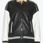 Women’s Black and White Leather Varsity Jacket Front - Rare Jackets