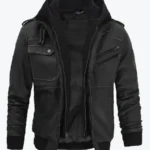 Shop The Jacey Men’s Black Hooded Bomber Leather Jacket - Rare Jackets