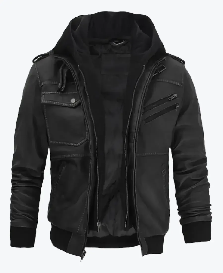 Shop The Jacey Men’s Black Hooded Bomber Leather Jacket - Rare Jackets