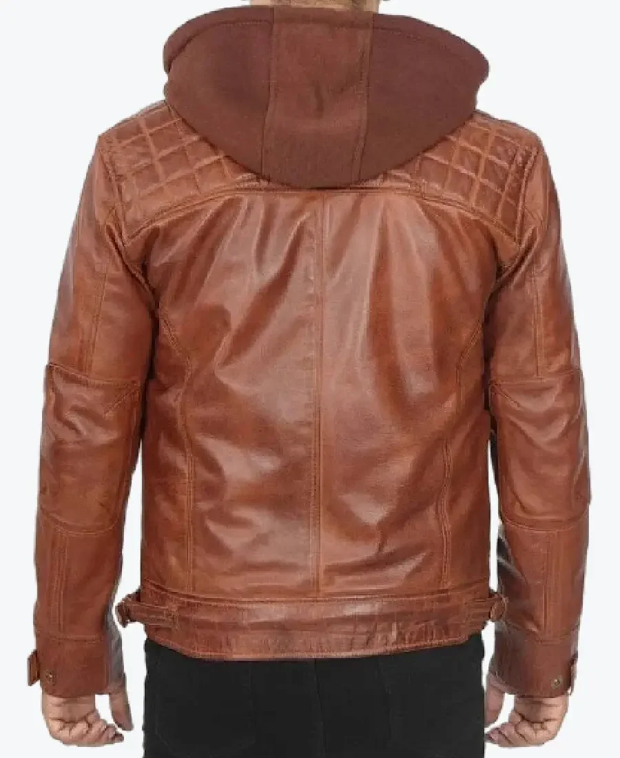 Mens Quilted Brown Hooded Leather Jacket Back