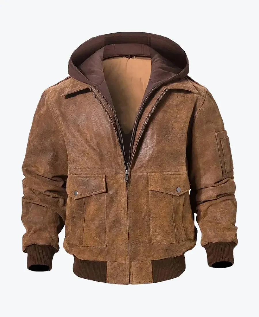 Shop The Keller Mens Brown Bomber Hooded Leather Jacket - Rare Jackets