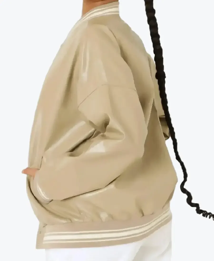 Shop The Women’s Beige Leather Varsity Jacket