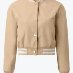 Shop The Mary Women’s Beige Leather Varsity Jacket - Rare Jackets