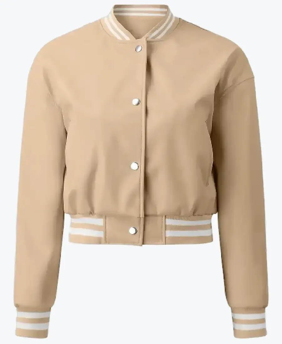 Shop The Mary Women’s Beige Leather Varsity Jacket - Rare Jackets