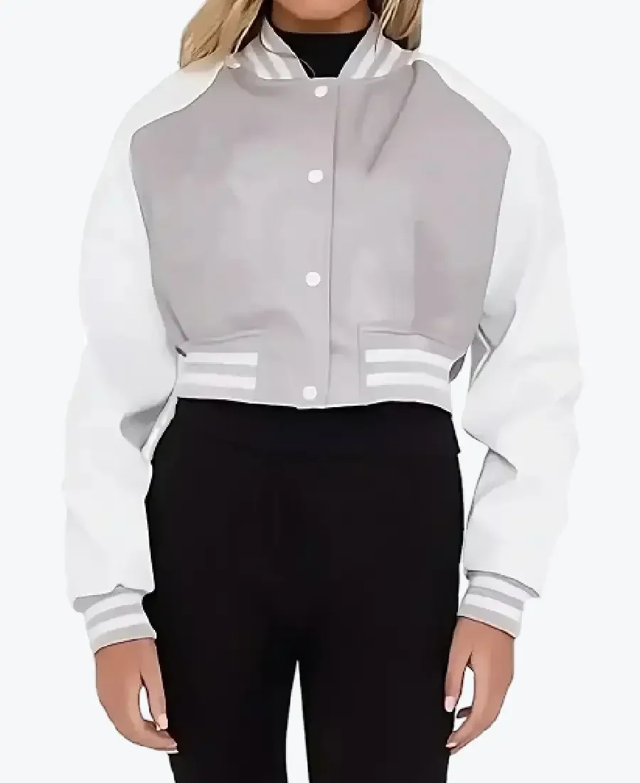 Shop The Mary Women’s Grey and White Leather Varsity Jacket - Rare Jackets