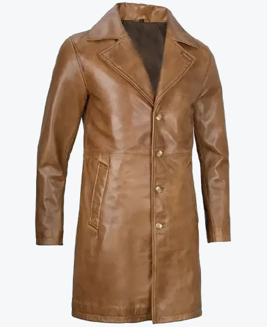 Shop The Men Mid-Length Brown Leather Coat - Rare Jackets