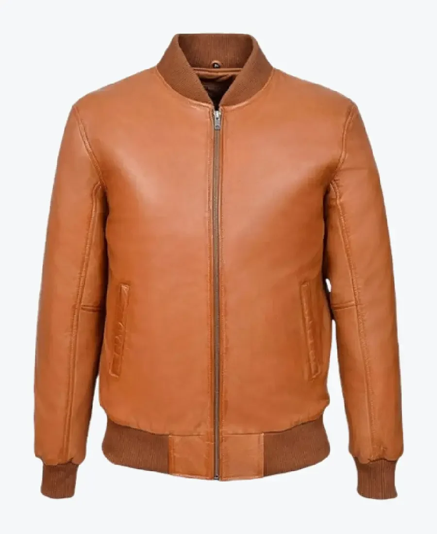 Shop The Men Tan Bomber Leather Jacket - Rare Jackets