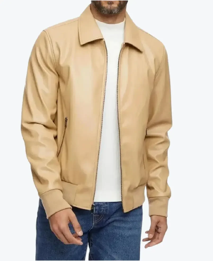 Shop The Men’s Beige Leather Bomber Jacket - Rare Jackets