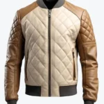 Shop The Men’s Beige Sheepskin Diamond Quilted Bomber Jacket - Rare Jackets