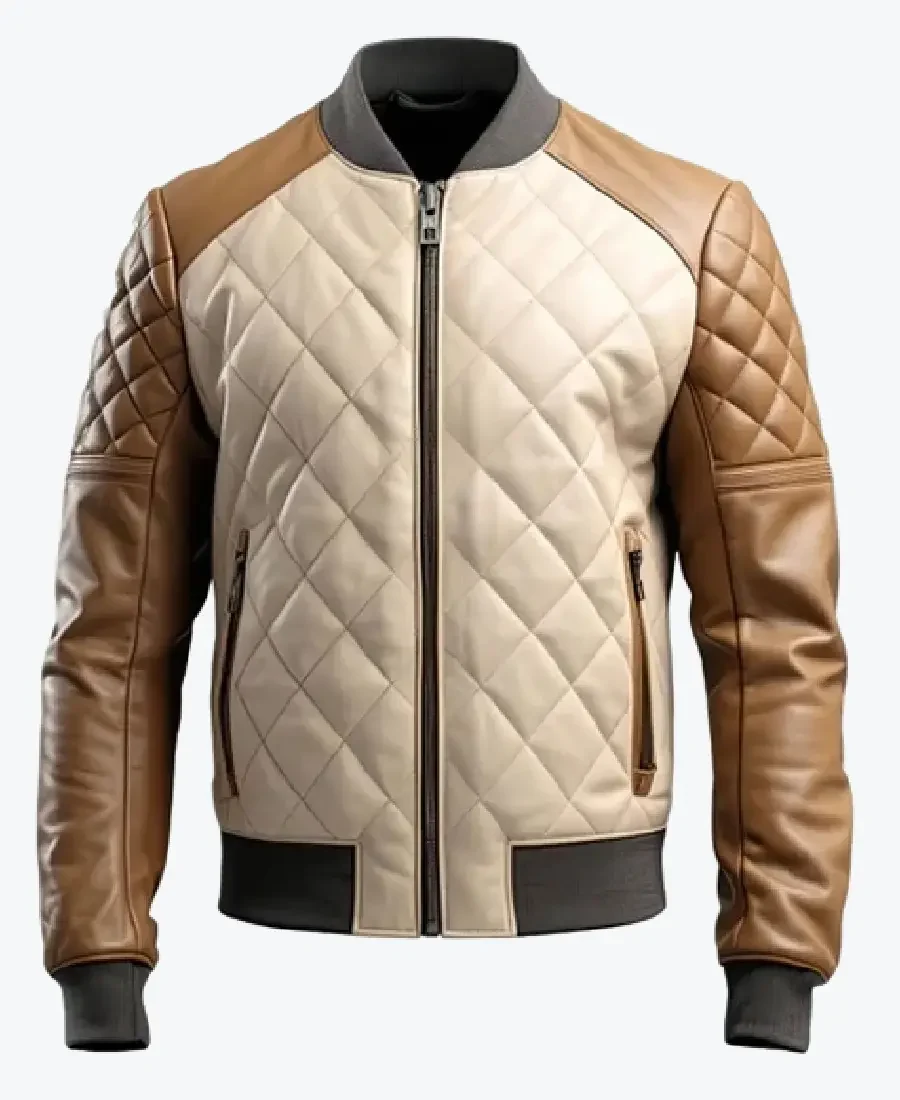Shop The Men’s Beige Sheepskin Diamond Quilted Bomber Jacket - Rare Jackets