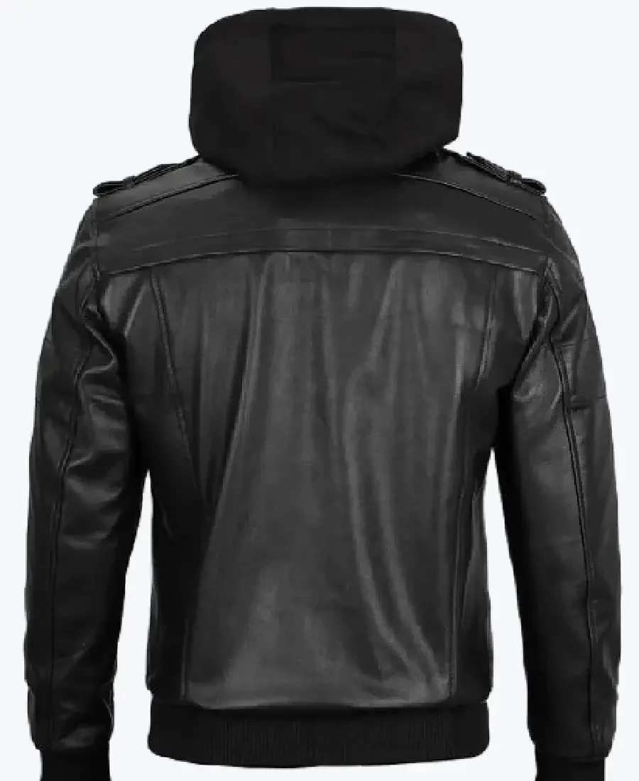 Shop The Mens Black Leather Jacket With Removable Hoodie Back Rare Jacket