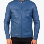 Shop The Mens Blue Simple Genuine Leather Jacket