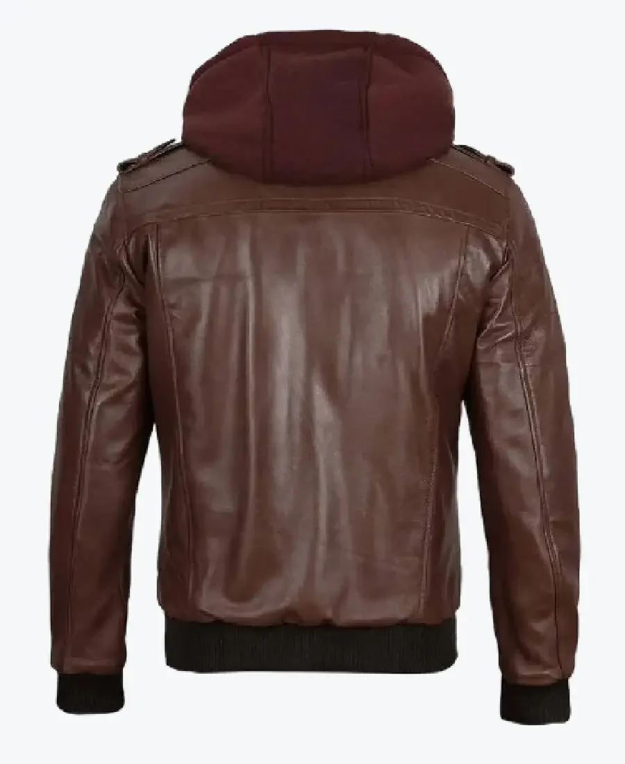 Shop The Mens Dark Brown Leather Bomber Jacket With Hoods Rare Jacket
