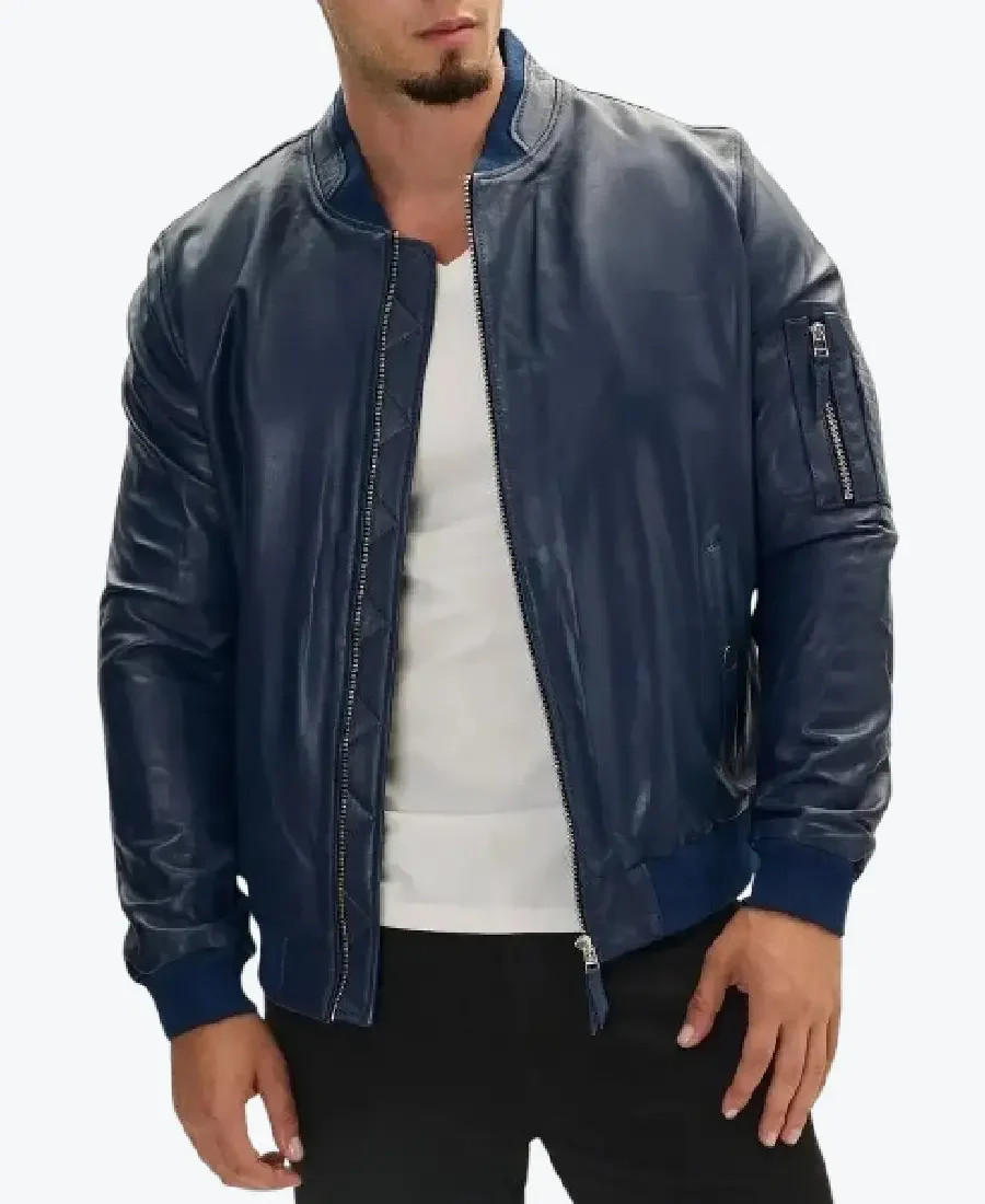 Shop The Men’s Navy Blue Real Leather Bomber Jacket - Rare Jackets
