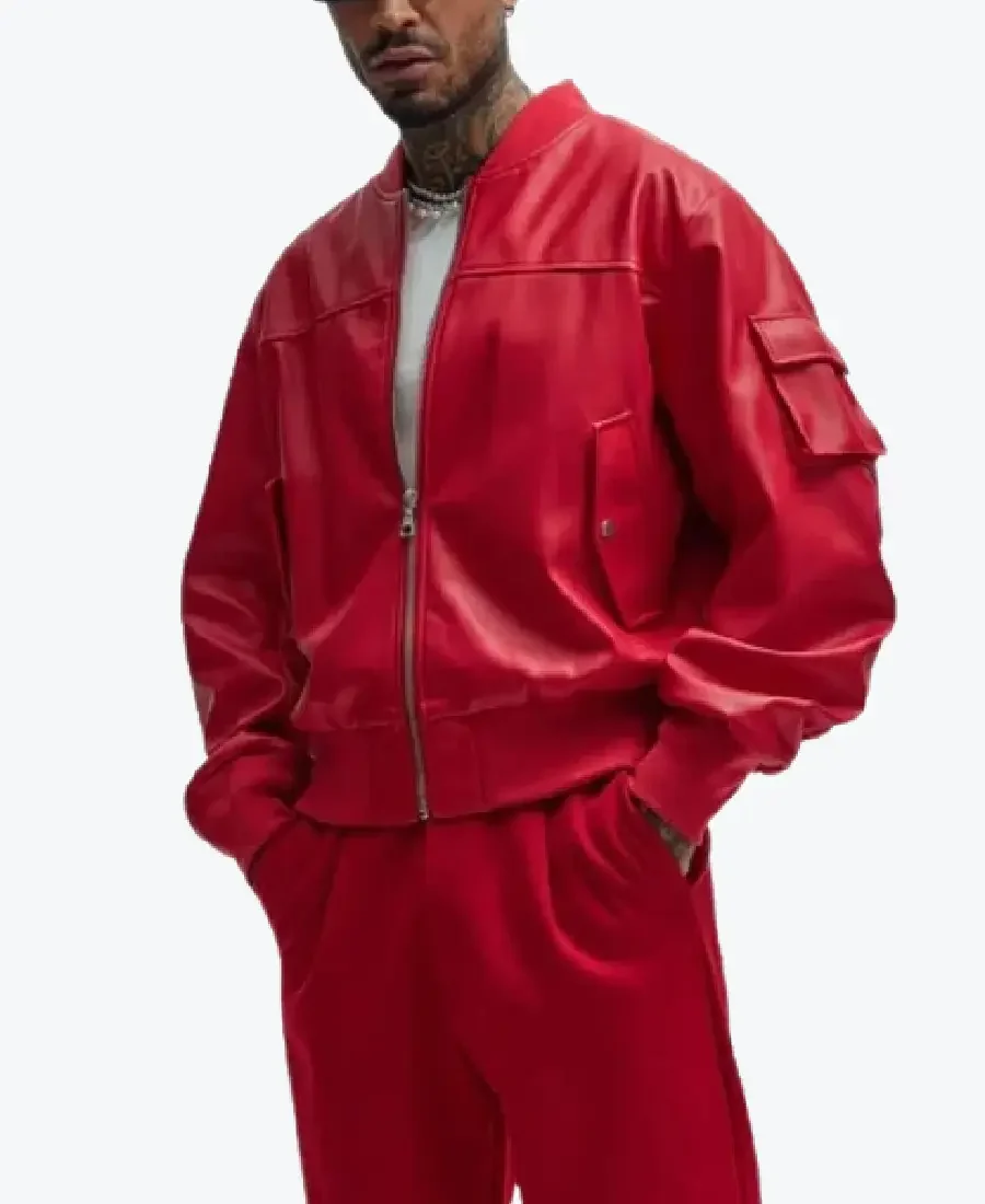 Shop The Men’s Oversized Red Leather Bomber Jacket - Rare Jackets