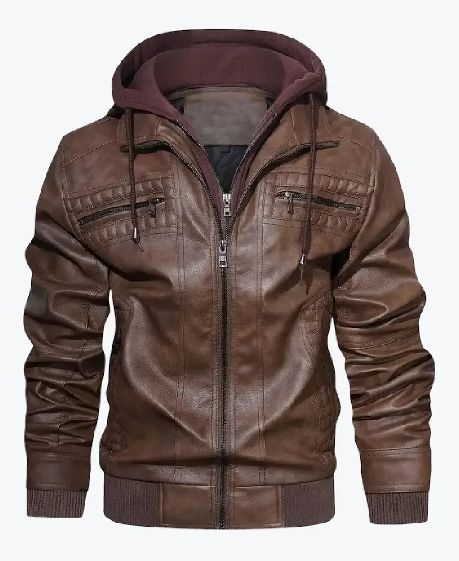 Shop The Rommy Brown Hooded Leather Bomber Jacket
