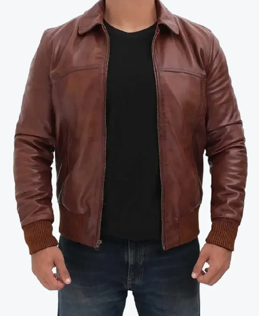 Shop The Ronald Men’s Distressed Brown Bomber Leather Jacket - Rare Jackets
