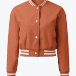 Shop The Sara Women’s Orange Leather Varsity Jacket - Rare Jackets