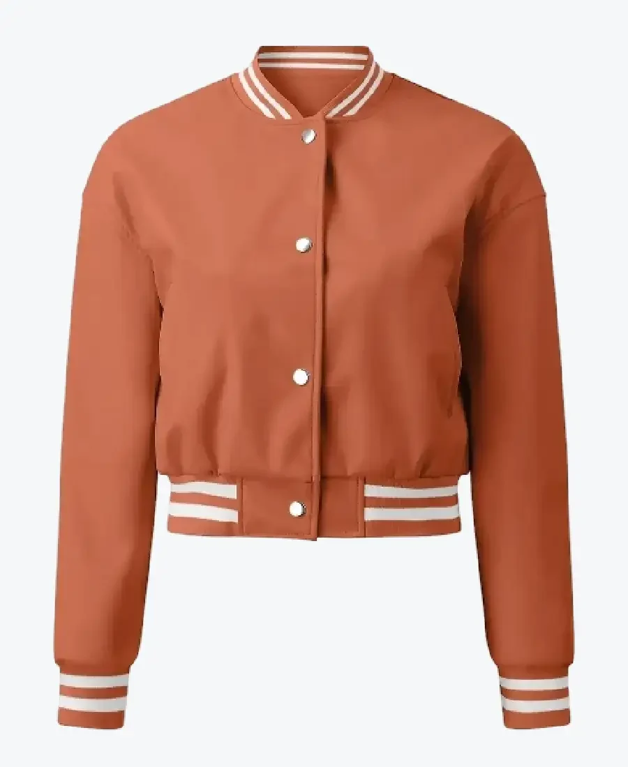 Shop The Sara Women’s Orange Leather Varsity Jacket - Rare Jackets