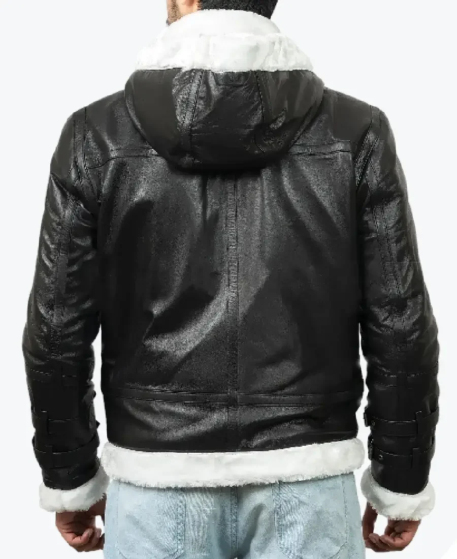 Shop The Theodore Men’s Black Hooded B-3 Bomber Leather Jacket Back