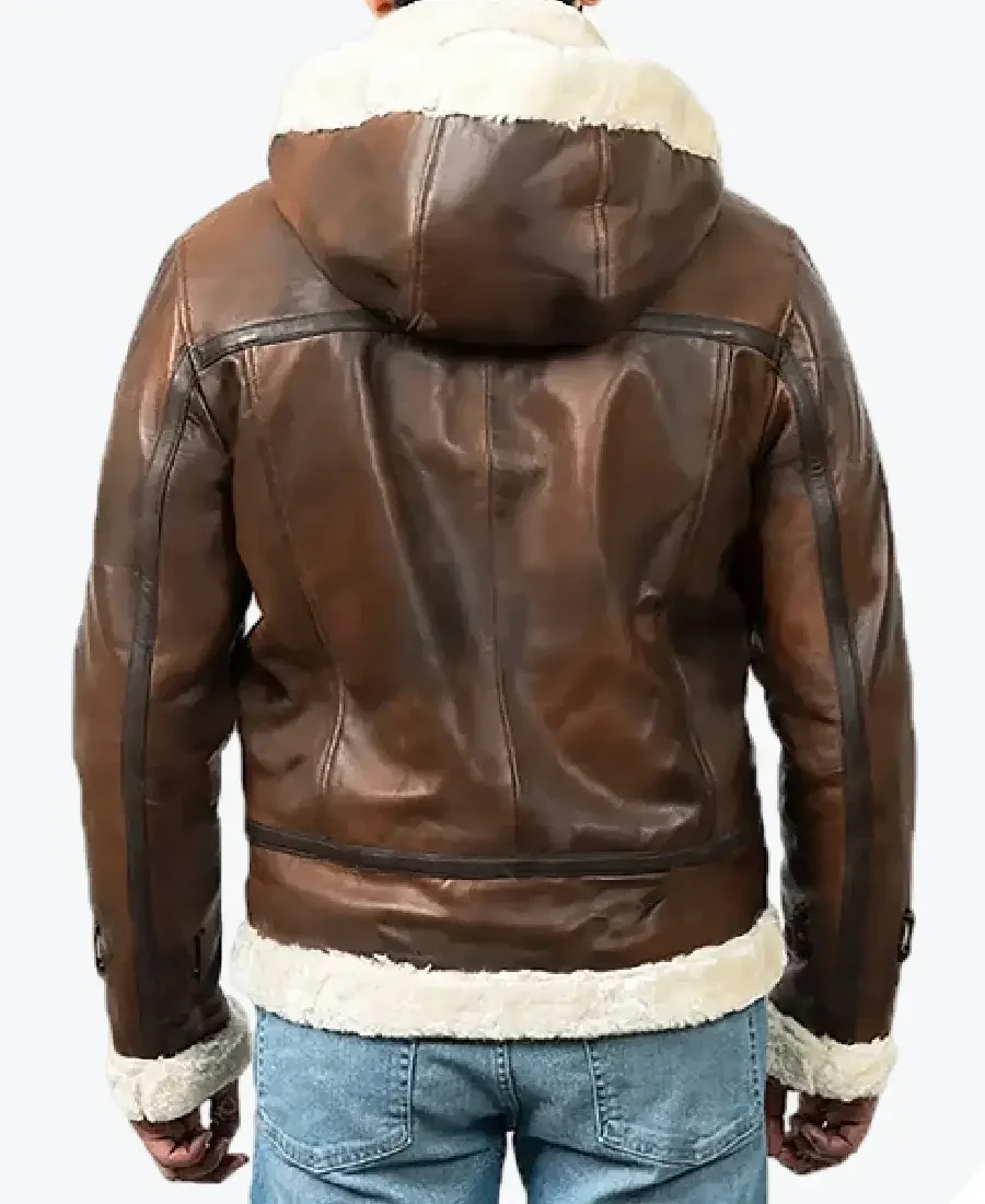 Shop The Theodore Men’s Brown Hooded B-3 Bomber Leather Jacket Back