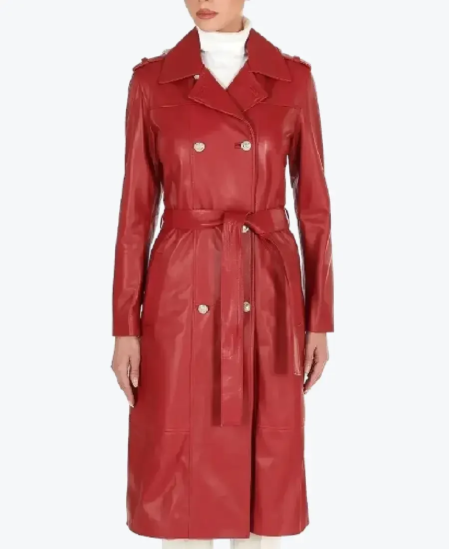 Shop The Women Double Breasted Red Long Leather Coat - Rare Jackets
