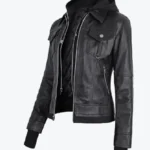 Shop The Women Removable Hood Black Leather Bomber Jacket - Rare Jackets