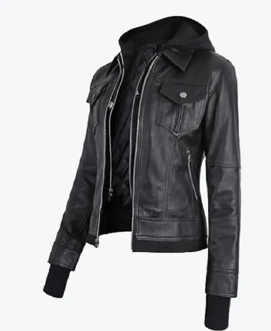 Shop The Women Removable Hood Black Leather Bomber Jacket - Rare Jackets