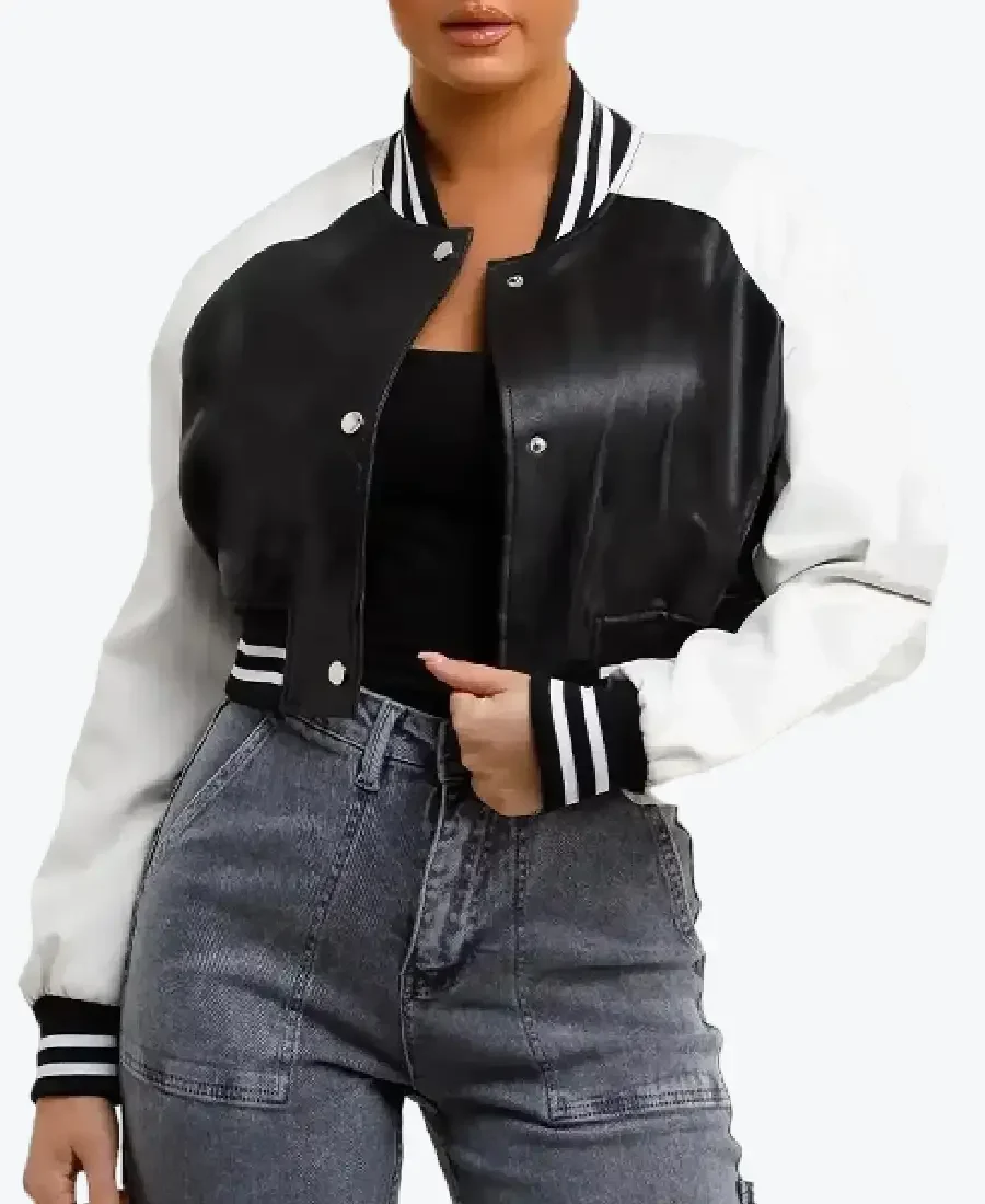 Shop the Louisse Women’s Black and White Leather Varsity Jacket - Rare Jackets