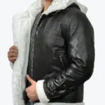 Theodore Men’s Black Hooded B-3 Bomber Leather Jacket Sleeves