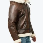 Theodore Men’s Brown Hooded B-3 Bomber Leather Jacket Side