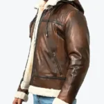 Theodore Men’s Brown Hooded B-3 Bomber Leather Jacket Sleeves