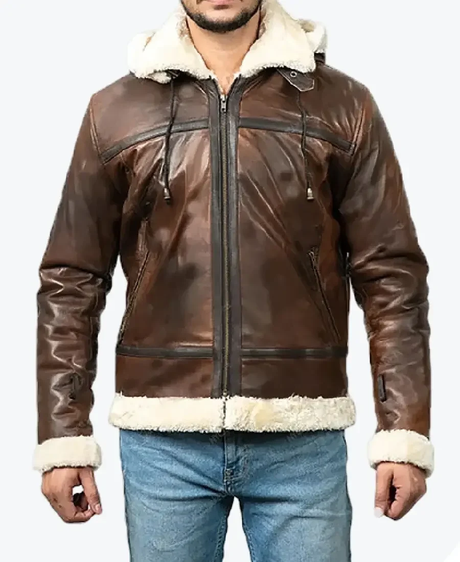 Theodore Men’s Brown Hooded B-3 Bomber Leather Jackets
