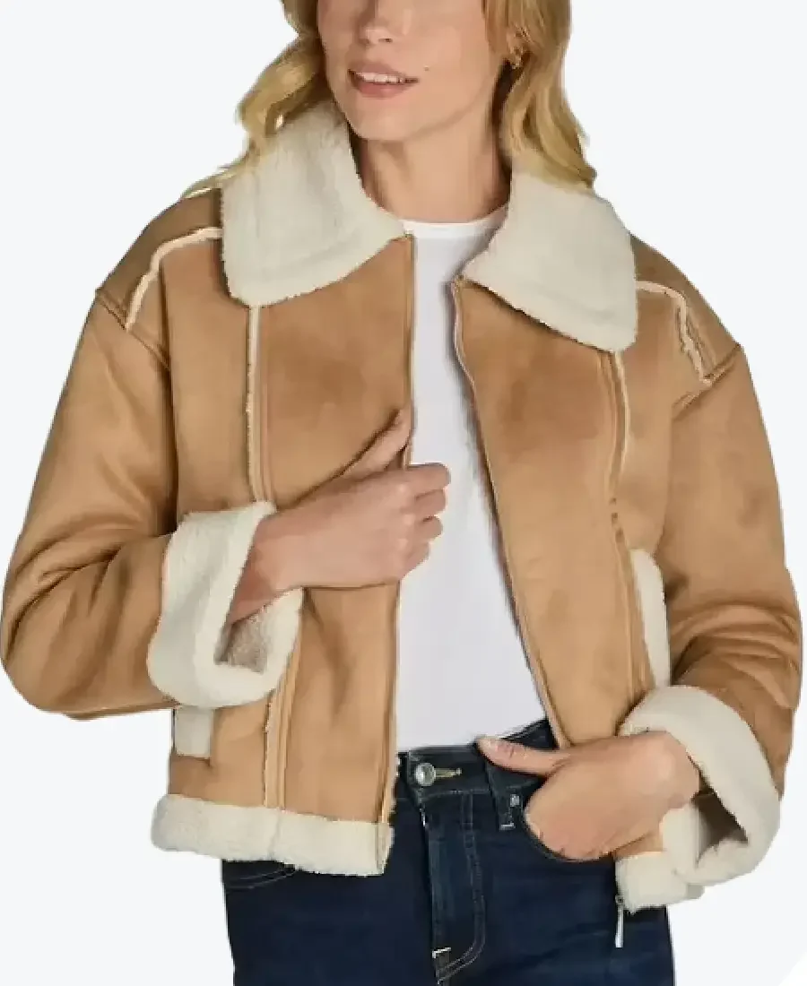 Time and Tru Bonded Faux Shearling Bomber Jacket Brown