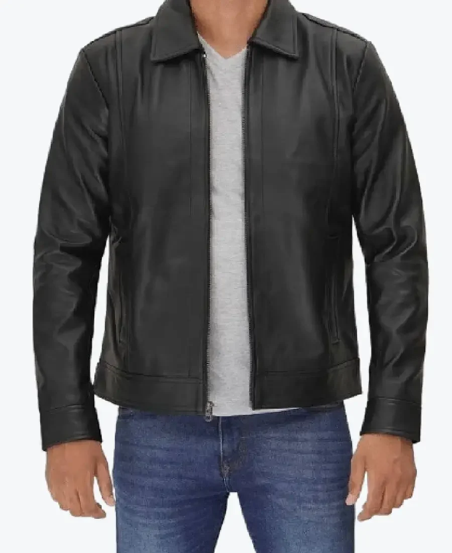 Vegan Black Leather Jacket with Shirt Collar Rare Jacket