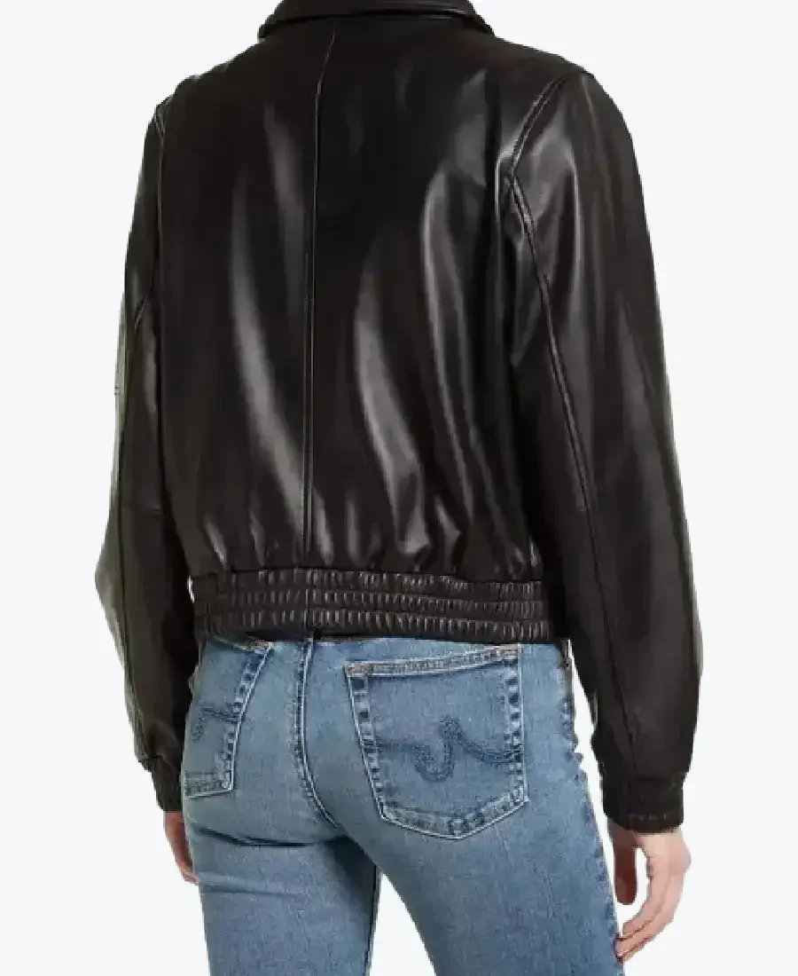 Women Black Leather Bomber Jacket Back - Rare Jackets