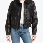 Women Black Leather Bomber Jacket Front - Rare Jackets