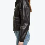 Women Black Leather Bomber Jacket Side - Rare Jackets