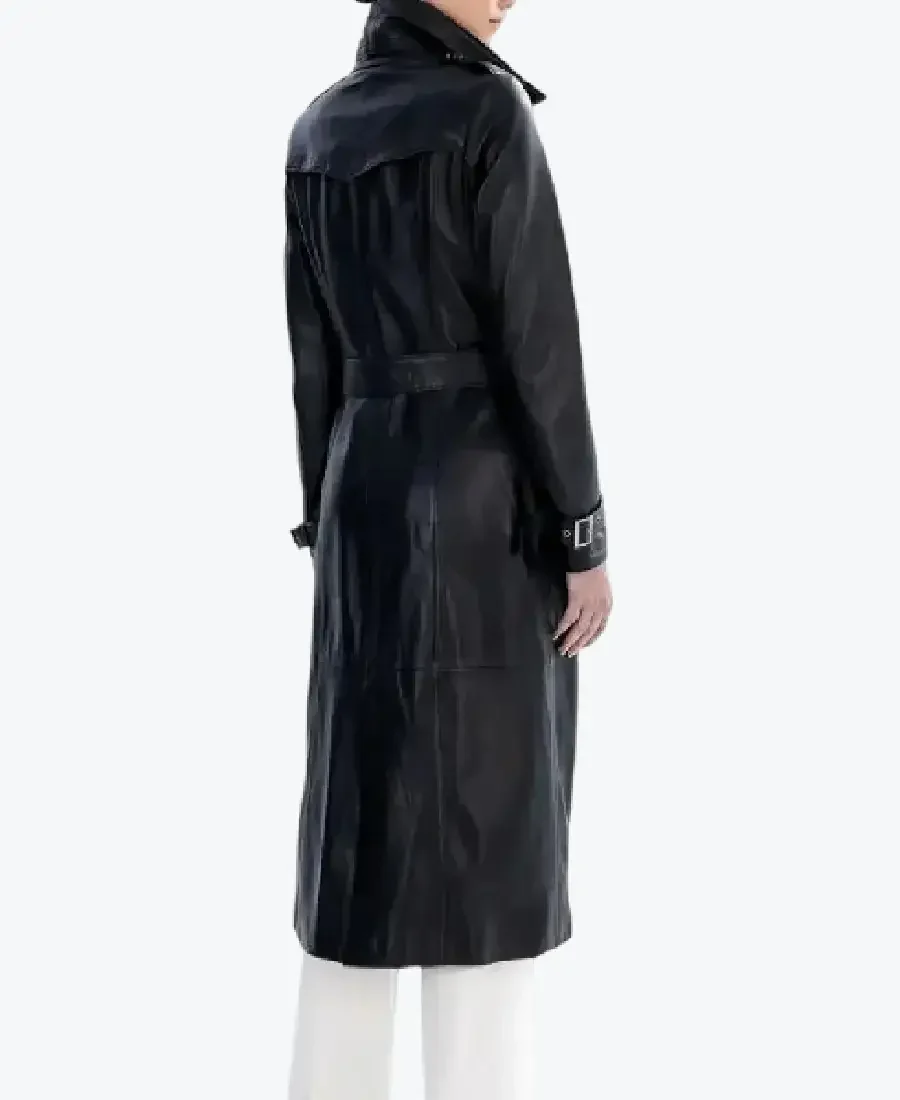 Women Black Spring Belted Leather Trench Coat Back - Rare Jackets