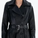 Women Black Spring Belted Leather Trench Coat Front - Rare Jackets