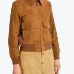 Women Camel Lauren Brown Suede Bomber Jacket front - Rare Jackets