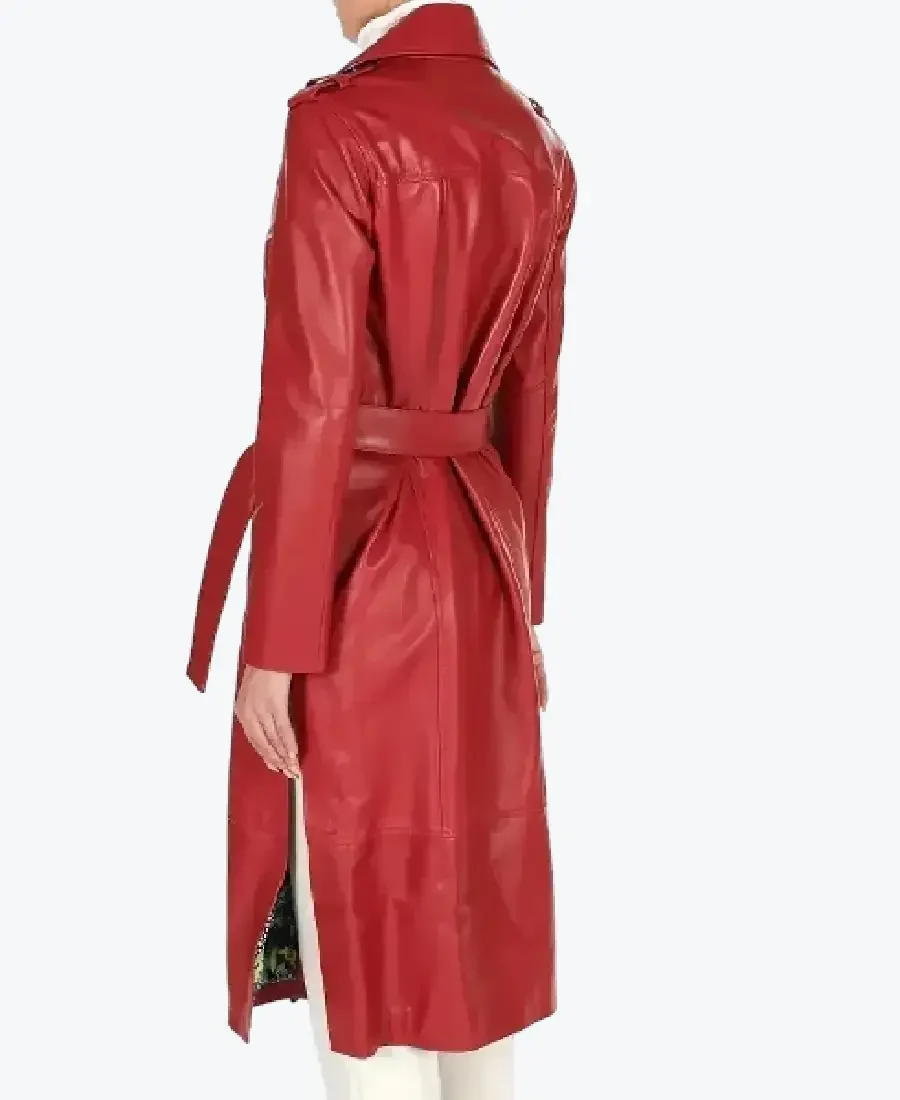 Women Double Breasted Red Long Leather Coat Back - Rare Jackets