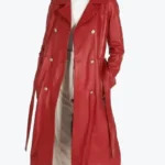 Women Double Breasted Red Long Leather Coat Front - Rare Jackets