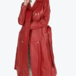 Women Double Breasted Red Long Leather Coat Side - Rare Jackets