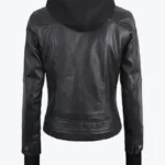 Women Removable Hood Black Leather Bomber Jacket Back - Rare Jackets