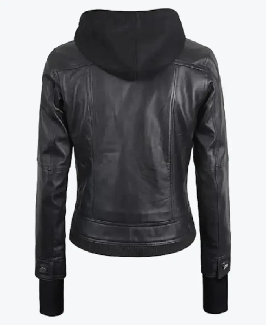 Women Removable Hood Black Leather Bomber Jacket Back - Rare Jackets