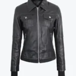 Women Removable Hood Black Leather Bomber Jacket Front - Rare Jackets