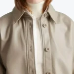 Women SImple Beige Leather Shirt Jacket Collar Rare Jacket