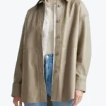 Women SImple Beige Leather Shirt Jackets Rare Jacket