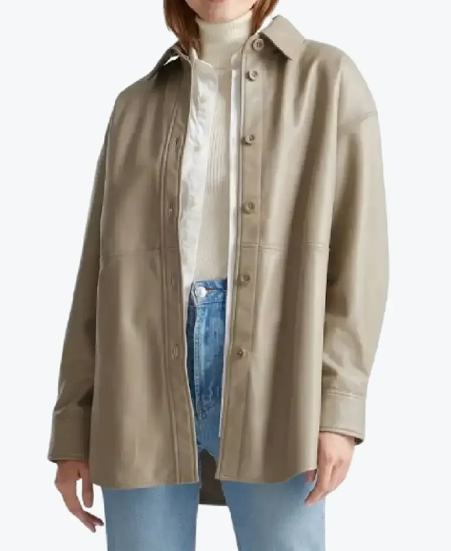 Women SImple Beige Leather Shirt Jackets Rare Jacket